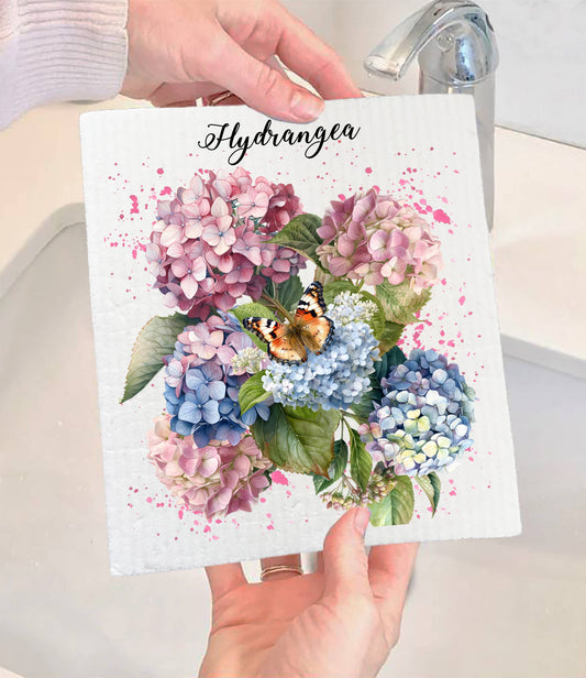 Set of 2 -  Spring Garden Pink Hydrangeas SWEDISH DISH CLOTH