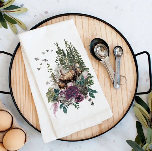 Moose Trees Mountains Wildlife Flour Sack Tea Towel