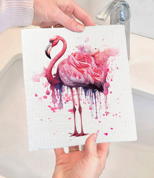 Set of 2 -  Beautiful Flamingo Roses SWEDISH DISH CLOTH