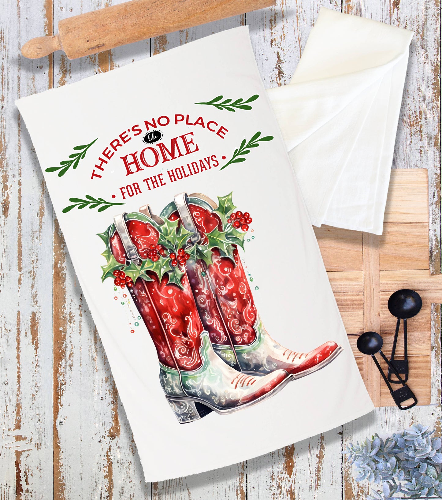 Christmas Holly Red Cowboy Boots Western Terry Cloth Towel