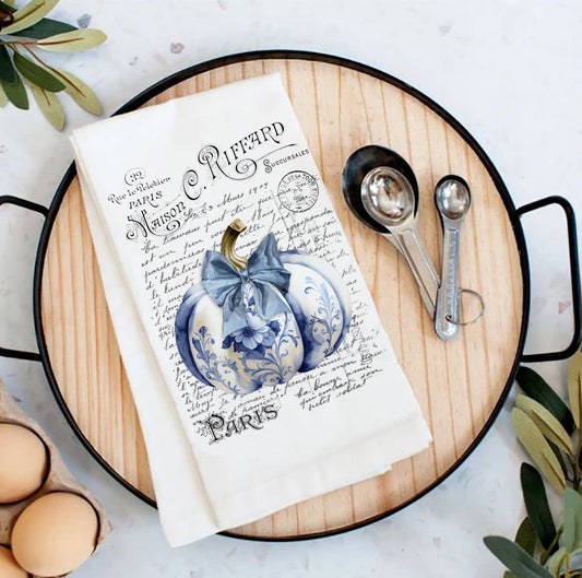 Autumn French Blue White Chinoiserie Pumpkins Tea Towel