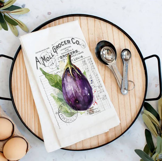 Vintage Farmhouse Eggplant Vegetables Flour Sack Tea Towel