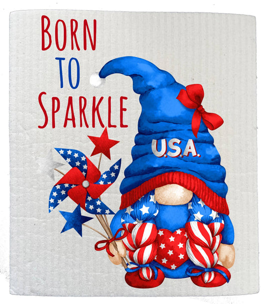 Set of 2 -  4th of July Gnome Born to Sparkle SWEDISH DISH CLOTH