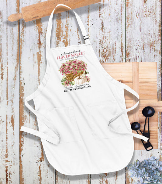 Autumn fall Dried hydrangeas Pumpkin Kitchen Cotton Apron