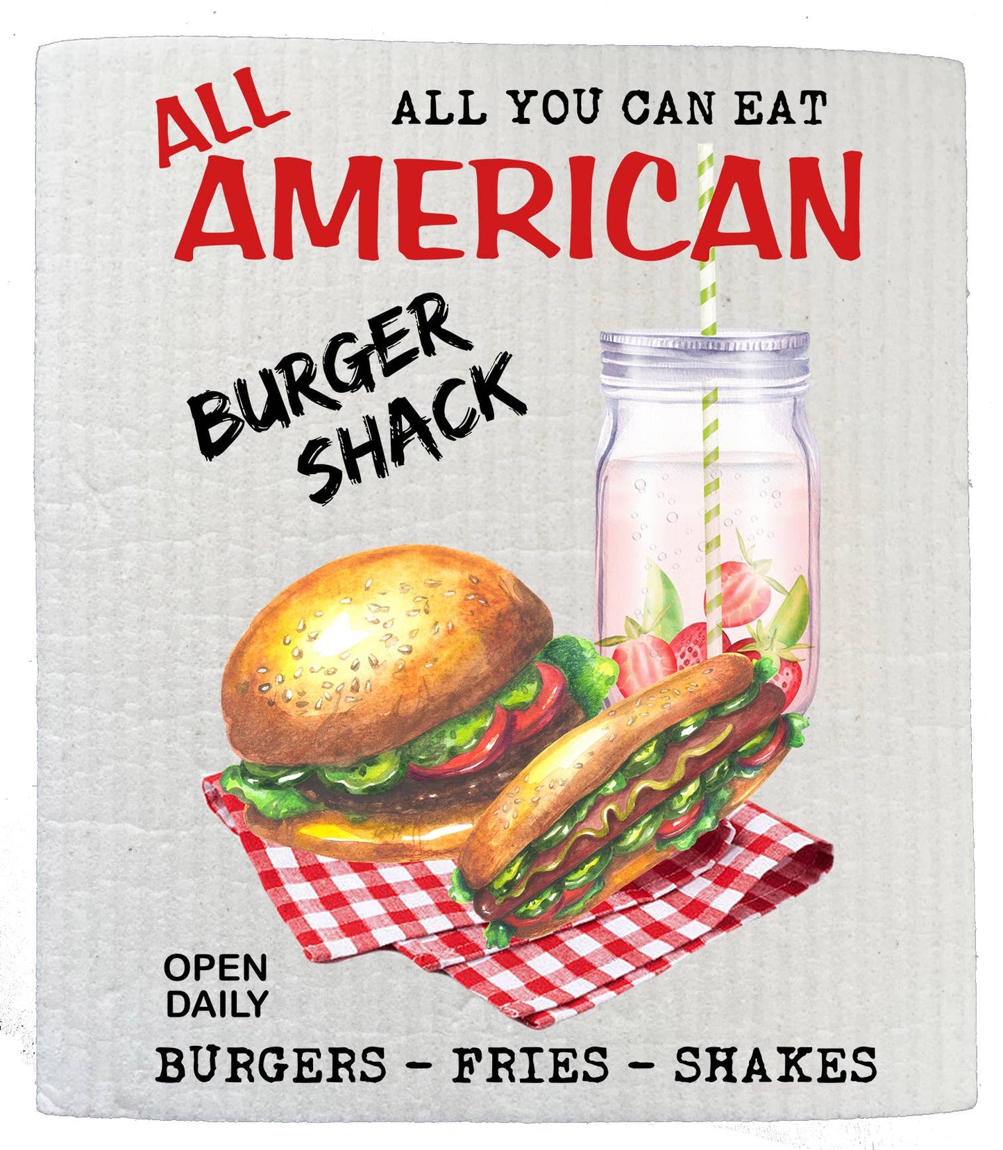Set of 2 -  All American Burger Shack Patriotic SWEDISH DISH CLOTH