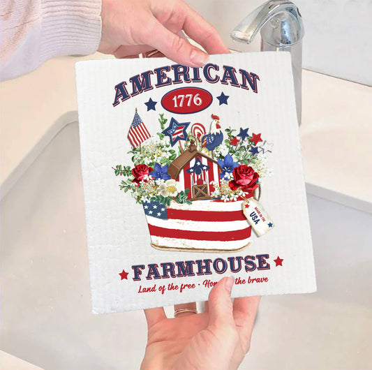 Set of 2 -  American Patriotic Farmhouse Flowers Swedish Dish Cloth