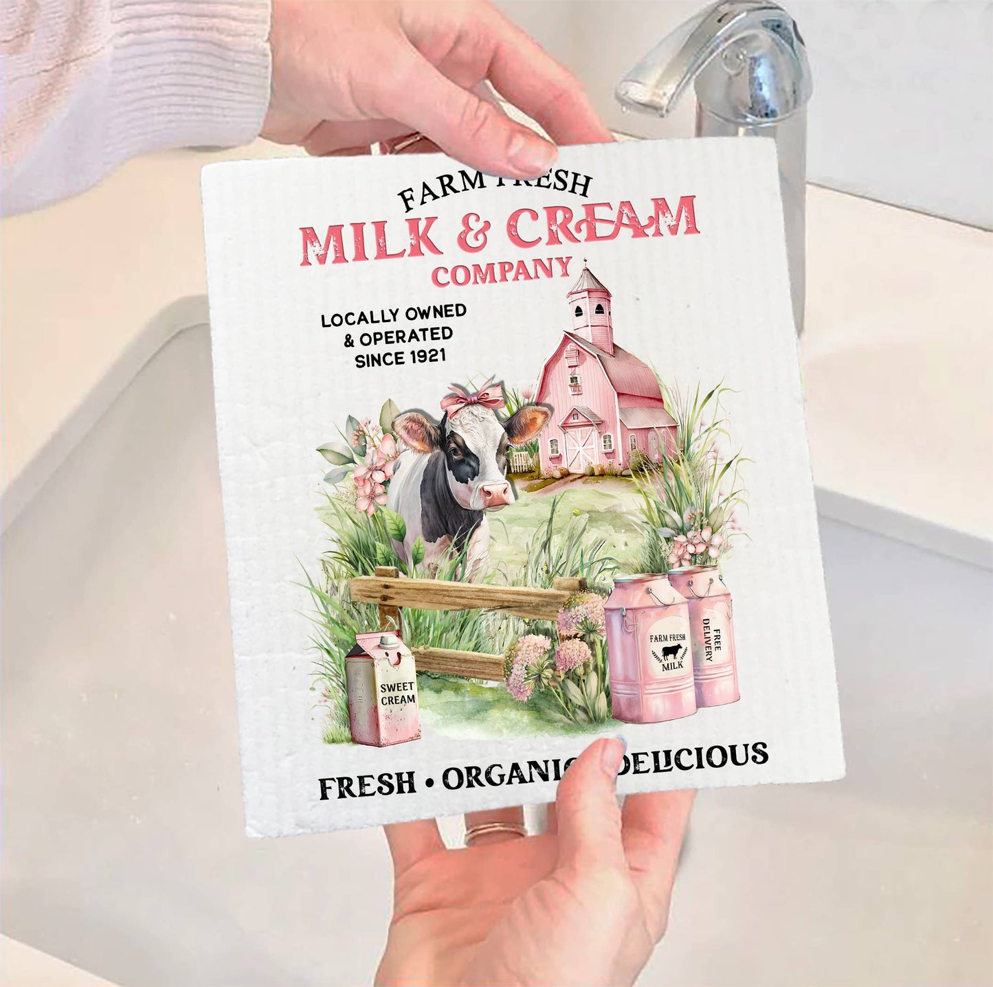 Set of 2 -  Country Farm Fresh Milk & Creamery Cow Swedish Dish Cloth
