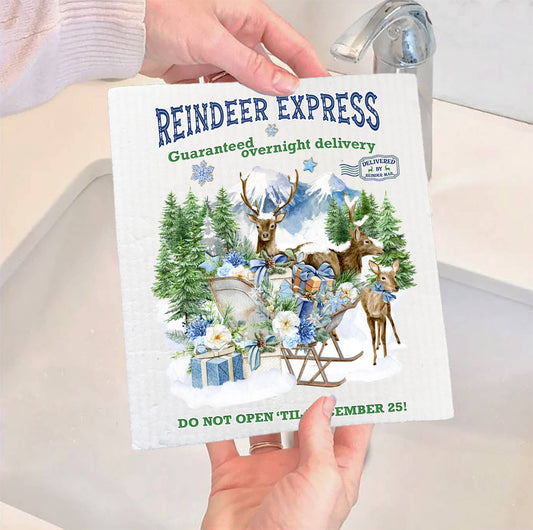 Set of 2 -  Christmas Blue Reindeer Express SWEDISH DISH CLOTH