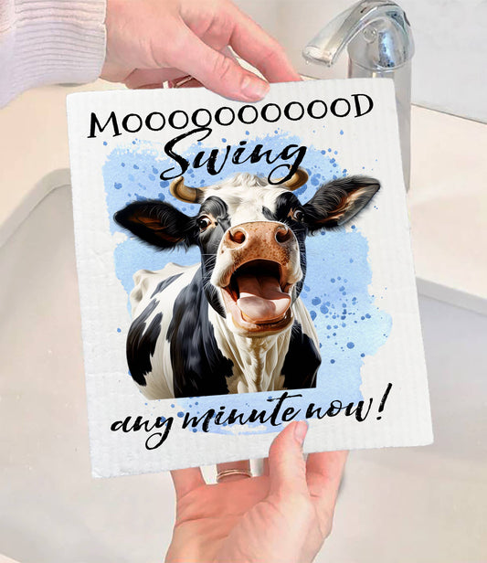 Set of 2 -  Mood Swing Any Minute Cow Funny SWEDISH DISH CLOTH