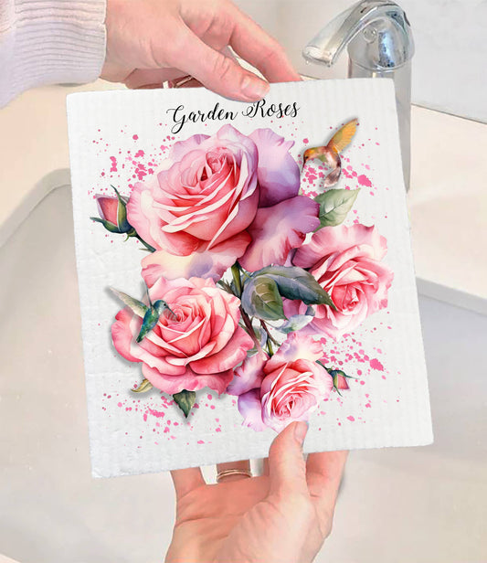 Set of 2 -  Spring Garden Roses Flowers SWEDISH DISH CLOTH