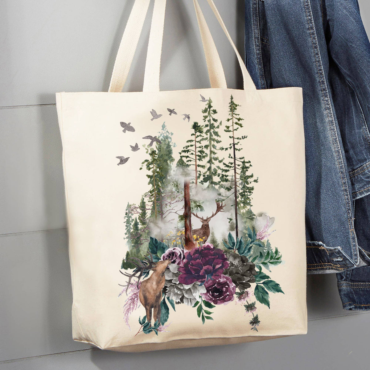 Deer Forest Mountains Wildlife 12 oz Canvas Tote Bag