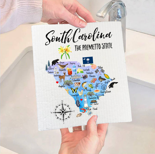 Set of 2 -  South Carolina State Map Souvenir SWEDISH DISH CLOTH
