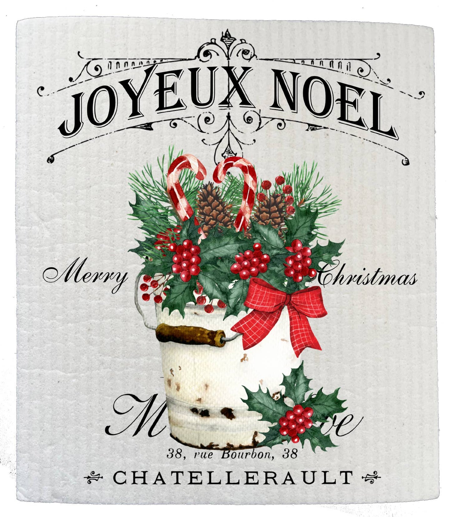 Set of 2 -  Joyeux Noel Holly French Christmas SWEDISH DISH CLOTH