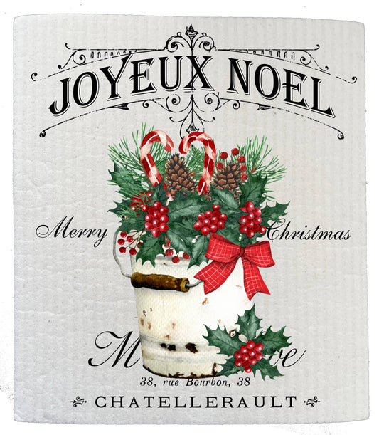 Set of 2 -  Joyeux Noel Holly French Christmas SWEDISH DISH CLOTH