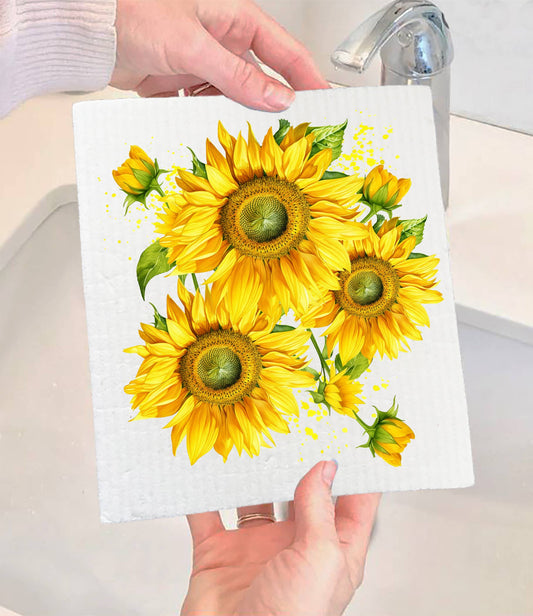 Set of 2 -  Spring Summer Yellow Sunflowers SWEDISH DISH CLOTH