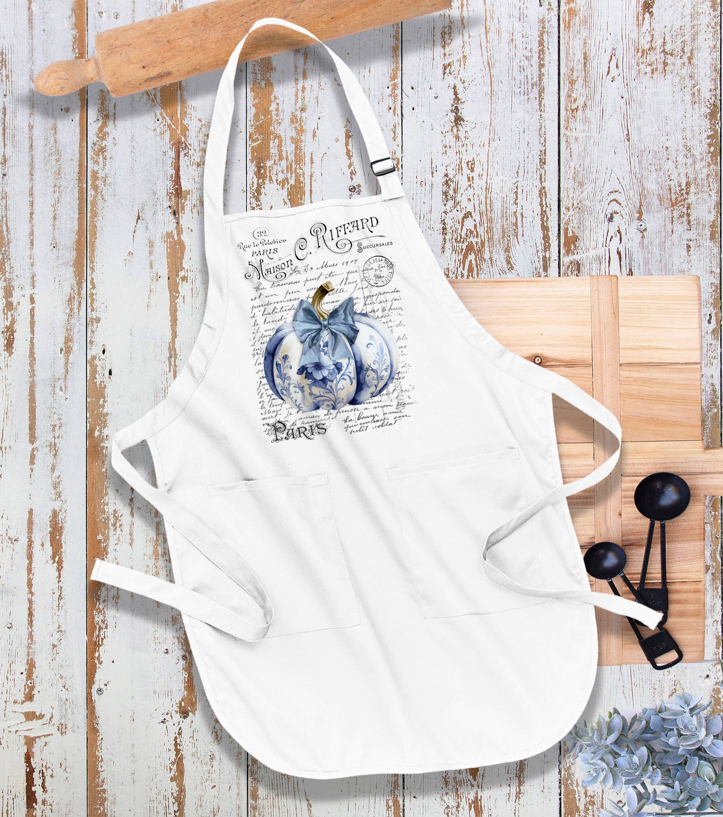 Autumn French Blue White Chinoiserie Pumpkins Cotton Apron
