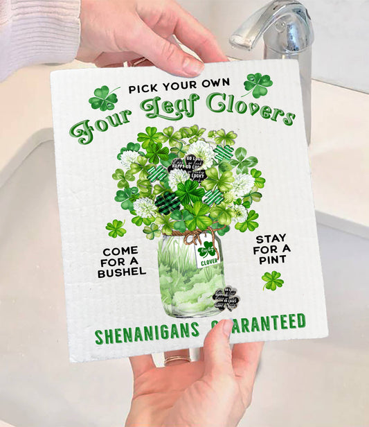 Set of 2 -  St Patrick's Four Leaf Clover Bouquet SWEDISH DISH CLOTH