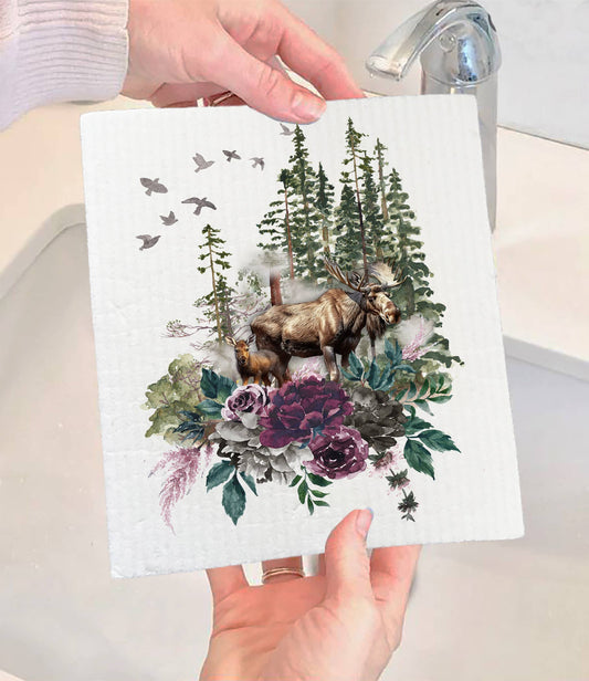Set of 2 -  Moose Trees Mountains Wildlife SWEDISH DISH CLOTH