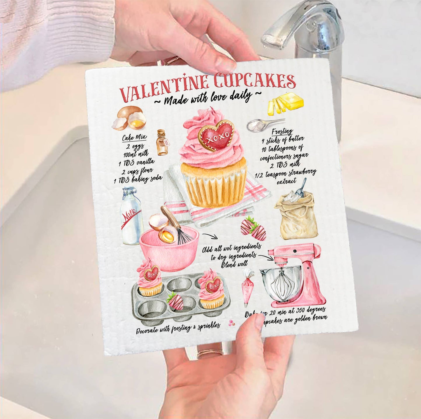 Set of 2 -  Valentine Cupcake Recipe Swedish Dish Cloth