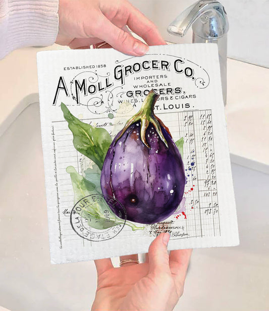 Set of 2 -  Vintage Farmhouse Eggplant Vegetables SWEDISH DISH CLOTH