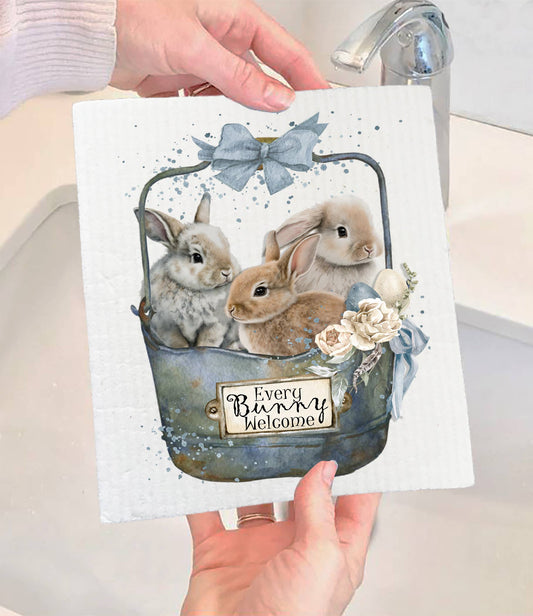 Set of 2 -  Easter Every Bunny Welcome Farmhouse SWEDISH DISH CLOTH