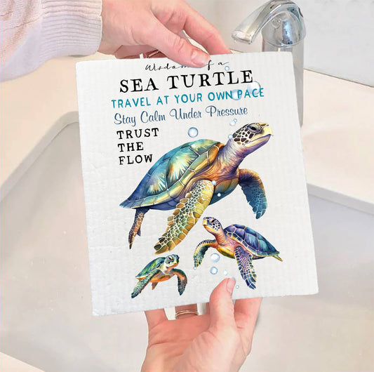 Set of 2 -  Coastal Sea Turtle Wisdom Ocean SWEDISH DISH CLOTH