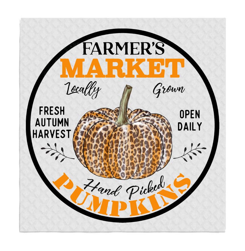 Set of 2 -  Fall Autumn Farmer Market Leopard Pumpkin SWEDISH DISH CLOTH