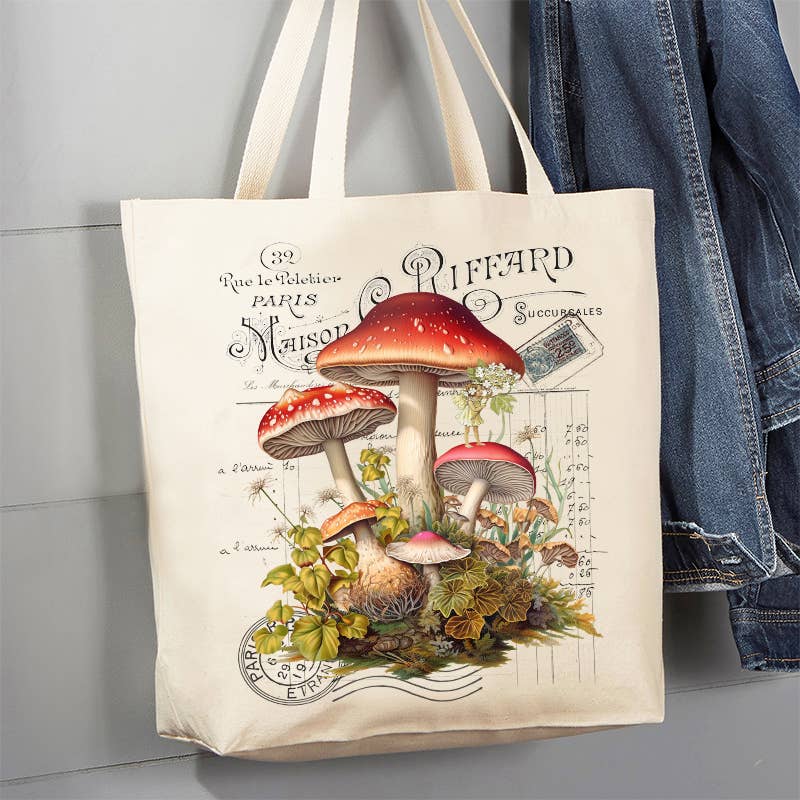 Vintage French Red & White Mushrooms Canvas Tote Bag