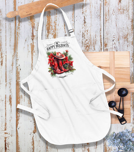 Christmas Red Cowboy Boots Western Kitchen Cotton Apron