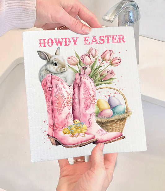 Set of 2 -  Howdy Easter Cowboy Boots Western SWEDISH DISH CLOTH