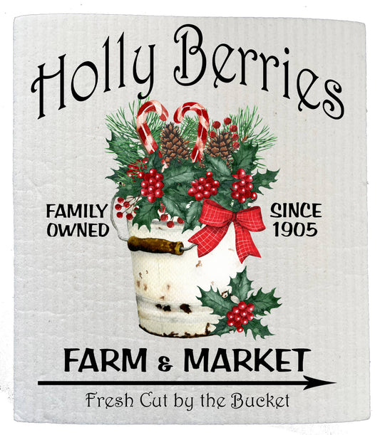 Set of 2 -  Holly Berries Farm Christmas SWEDISH DISH CLOTH