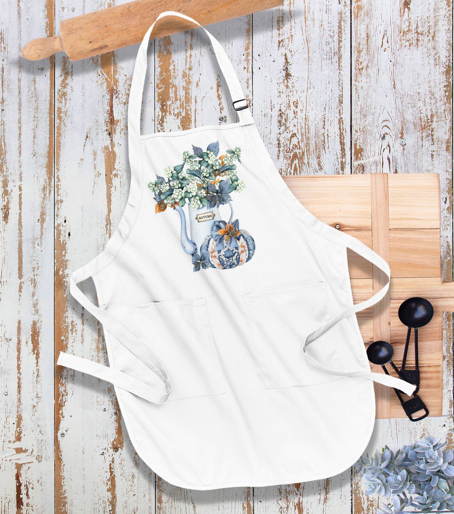 Autumn Blue White Pumpkins Flowers Kitchen Cotton Apron