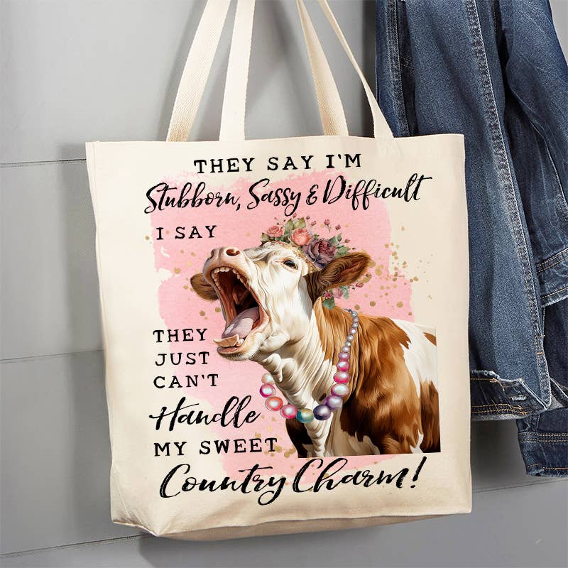 Stubborn Sassy Country Charm Cow 12 oz Canvas Tote Bag