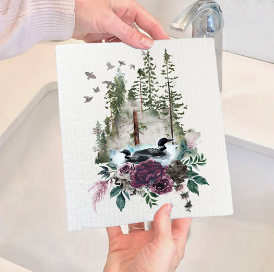 Set of 2 -  Loons Lake Mountains Wildlife  Swedish Dish Cloth