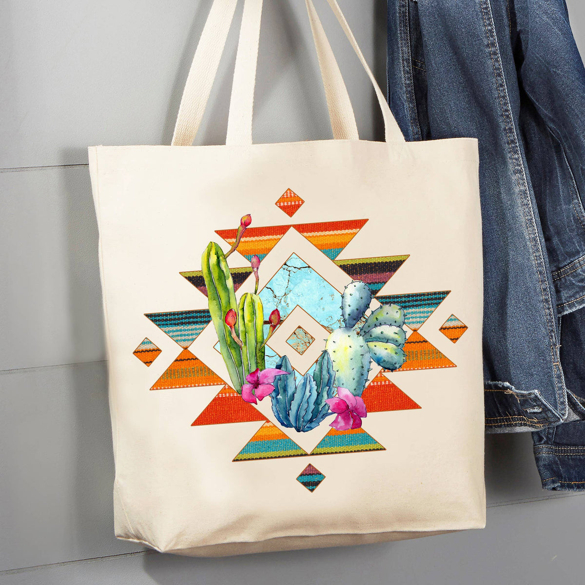 Western Aztec Cactus Southwestern 12 oz Canvas Tote Bag