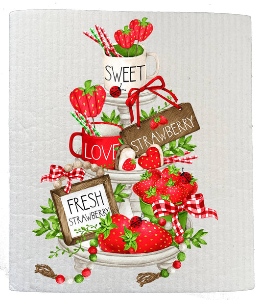 Set of 2 -  Sweet Fresh Strawberries Tiered Tray SWEDISH DISH CLOTH