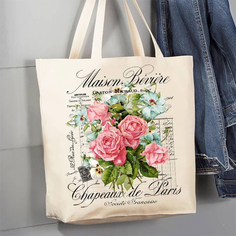 Vintage French Garden Roses Paris 12 oz Canvas Tote Bag