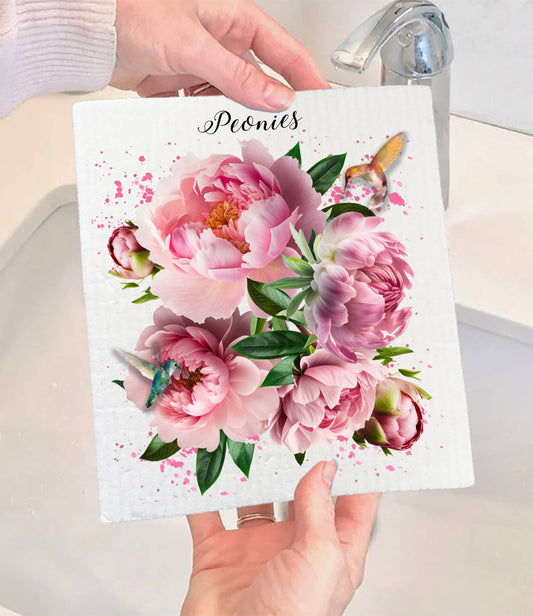 Set of 2 -  Spring Garden Peonies Flowers SWEDISH DISH CLOTH