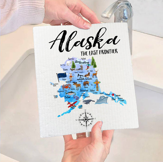 Set of 2 -  Alaska State Map Souvenir  SWEDISH DISH CLOTH