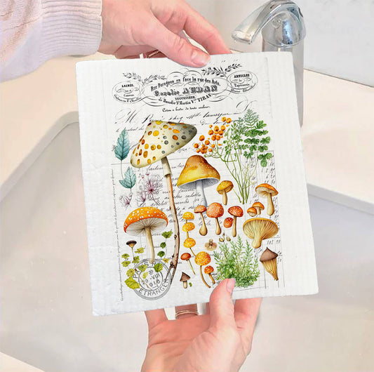 Set of 2 -  Vintage Mushrooms Botanicals Kitchen SWEDISH DISH CLOTH