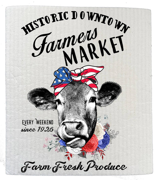Set of 2 -  Farmers Market Patriotic Cow SWEDISH DISH CLOTH