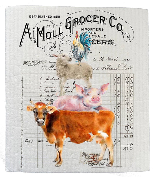 Set of 2 -  Vintage Farm Animals Grocers Kitchen SWEDISH DISH CLOTH
