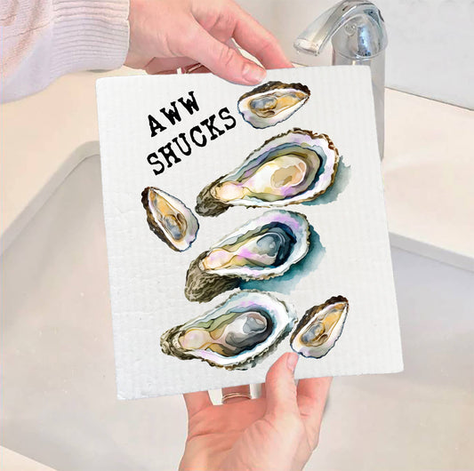 Set of 2 -  Oysters Aw Shucks Coastal Beach SWEDISH DISH CLOTH