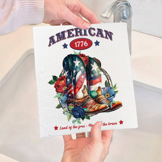 Set of 2 -  American Patriotic Western Cowboy Boots SWEDISH DISH CLOTH