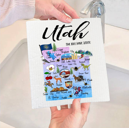 Set of 2 -  Utah State Map Souvenir  SWEDISH DISH CLOTH