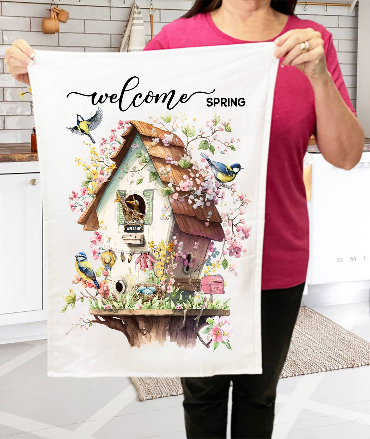 Welcome Spring Bird House Flowers Terry Cloth Towels