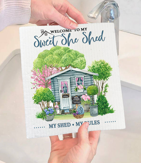Set of 2 -  Welcome To My She Shed My Rules SWEDISH DISH CLOTH