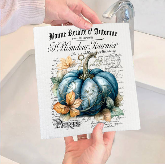 Set of 2 -  Fall Autumn French Blue Pumpkin SWEDISH DISH CLOTH