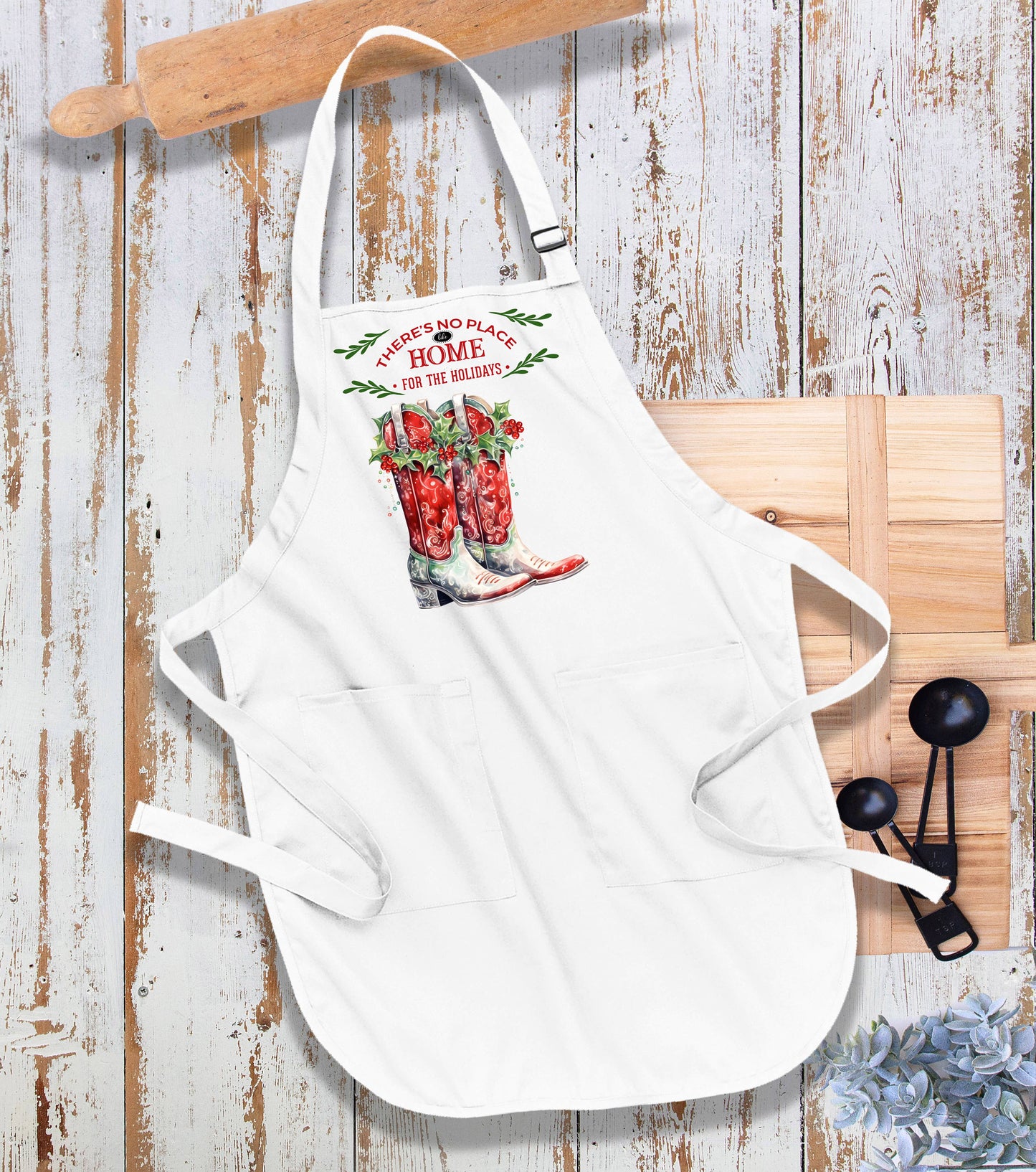 Christmas Holly Red Cowboy Boots Western Kitchen Apron