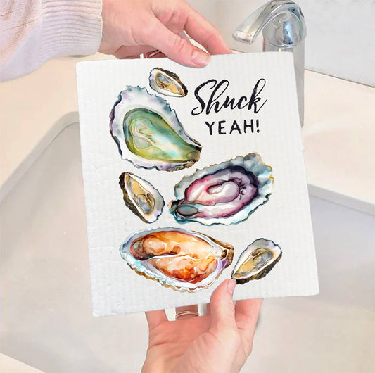 Set of 2 -  Oysters Shuck Yeah Coastal Beach SWEDISH DISH CLOTH